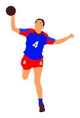 Fototapeta na wymiar Lady handball player in action vector illustration isolated on white background. Woman handball player hit ball in goal net. Sport girl jumping in the air. 
