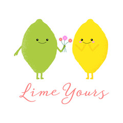 Vector illustration of a cute lemon and lime with kawaii faces. Lime yours. Romantic food concept.