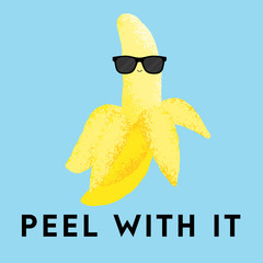 Vector illustration of a cute banana wearing sunglasses. Peel with it. Funny food concept.