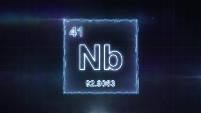 Niobium - periodic table element symbol hologram glowing on dark background in 4K