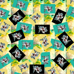 Fototapeta na wymiar Multicolored greeting cards seamless pattern with hibiscus flowers. Flowers of the tree of love are randomly scattered on a colored background.