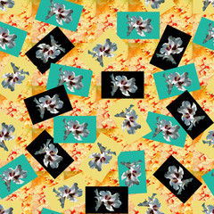Fototapeta na wymiar Multicolored greeting cards seamless pattern with hibiscus flowers. Flowers of the tree of love are randomly scattered on a colored background.