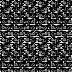 hand doodled black and white organic geometric pattern with symbols for textile, fabric, wallpaper, backgrounds, backdrops and creative surface design templates.