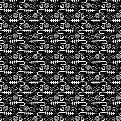 hand doodled black and white organic geometric pattern with symbols for textile, fabric, wallpaper, backgrounds, backdrops and creative surface design templates.