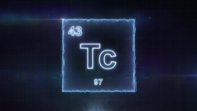 Technetium - periodic table element symbol hologram glowing on dark background in 4K