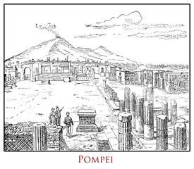 Illustrated table of Pompei archeological site with the Vesuvius volcano from an Italian Lexicon early '900