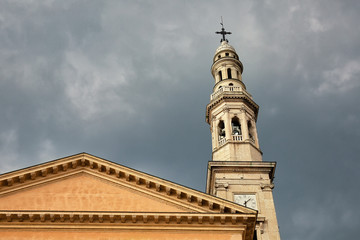 Fototapeta na wymiar Beautiful church exterior against stormy sky, outdoor background