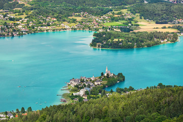 Aerial view over Lake Worthersee in Austria, summertime outdoor background