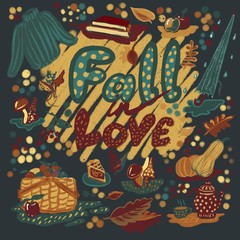 Fall pattern with umbrella tea and pumpkins 