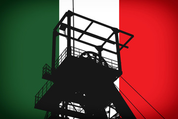 Concept Illustration With Italian Flag in the Background And Coal Mine Ferris Wheel SIlhouette in the foreground