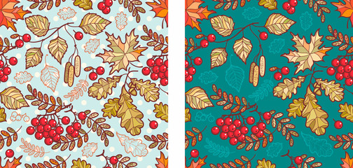 Autumn leaves seamless pattern with Rowan, maple