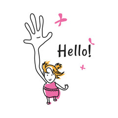 Charming baby waving hand and screaming 'Hello' - illustration. Beautiful poster/card design. Vector image.