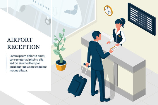 Isometric airport interior design. Businessman with a suitcase buys a plane ticket. Boarding the aircraft. Landing page.