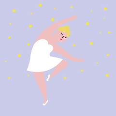 Happy plus size dancing girl. Body positive concept illustration.