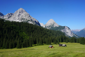 Fototapeta na wymiar Ehrwalder Alm in Österreich, Tirol, Blick zur Mieminger Kette