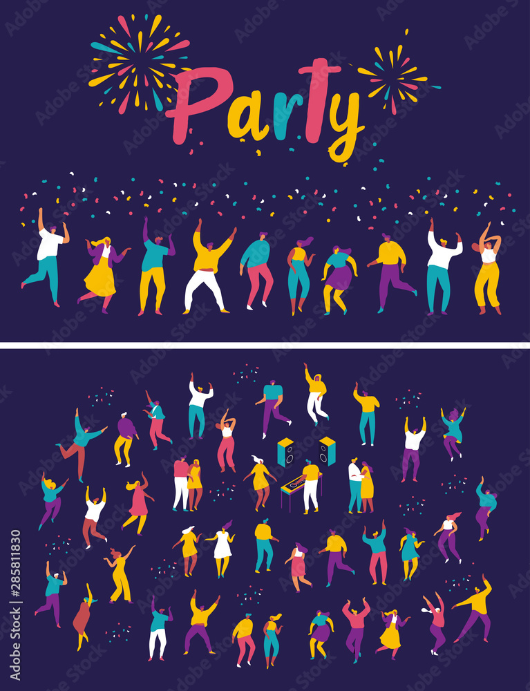 Poster Party people. Large group of male and female cartoon characters having fun at party. Crowd of young people  dancing at club or music concert. Flat colorful vector illustration on dark background.