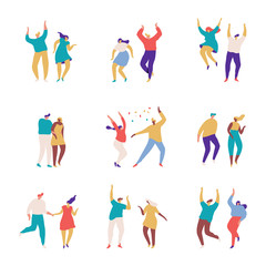 Party people. Large group of male and female cartoon characters having fun at party. Crowd of young people  dancing at club or music concert. Flat colorful vector illustration on white background.