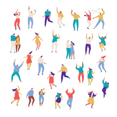 Party people. Large group of male and female cartoon characters having fun at party. Crowd of young people  dancing at club or music concert. Flat colorful vector illustration on white background.