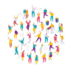 Fototapeta na wymiar Party people. Large group of male and female cartoon characters having fun at party. Crowd of young people dancing at club or music concert. Flat colorful vector illustration on white background.