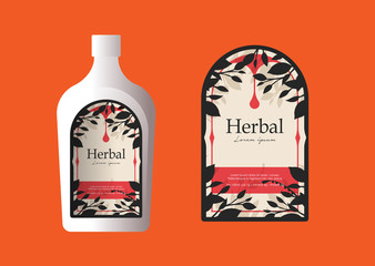 Herbal packaging label layout design and 3d bottle vector mockup set