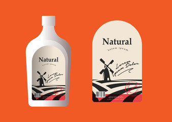 Farm packaging label layout design and 3d bottle vector mockup set