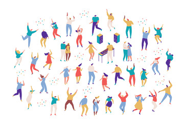 Party people. Large group of male and female cartoon characters having fun at party. Crowd of young people  dancing at club or music concert. Flat colorful vector illustration on white background.