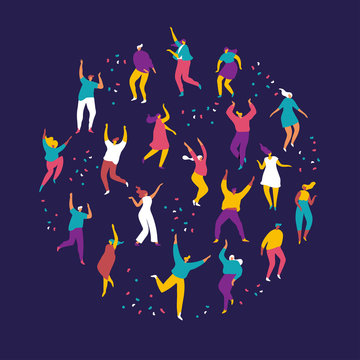 Party people. Large group of male and female cartoon characters having fun at party. Crowd of young people  dancing at club or music concert. Flat colorful vector illustration on dark background.