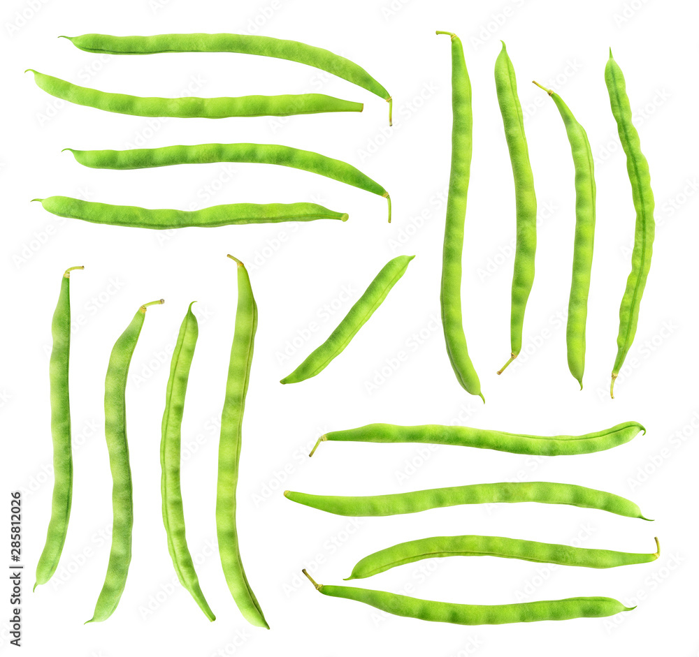 Aufkleber isolated bean pods. collection of raw green beans (haricots) isolated on white background with clipp