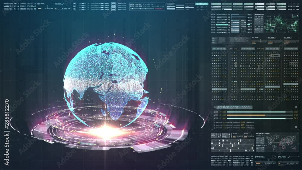 Aufkleber Futuristic motion graphic user interface head up display screen with Holographic Earth and digital data telemetry information display for digital background computer desktop display screen