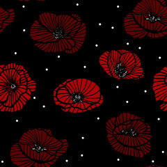Red poppies floral Seamless pattern with black background