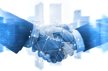Deal. business man shaking hands with effect world map global and network link connection graphic...