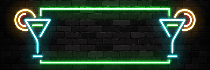 Vector realistic isolated neon sign of Cocktail frame logo for template decoration and covering on the wall background. Concept of free drinks, happy hour and night club.