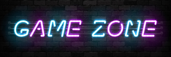 Vector realistic isolated neon sign of Game Zone typography logo for template and layout on the wall background. Concept of gaming. © comicsans