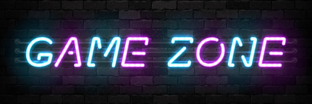 Vector Realistic Isolated Neon Sign Of Game Zone Typography Logo For Template And Layout On The Wall Background. Concept Of Gaming.