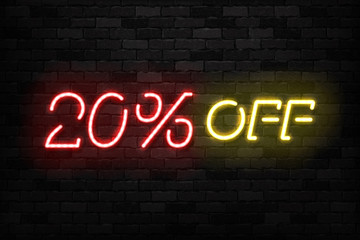 Vector realistic isolated neon sign of Neon Sale Discount 20 Percent logo for template decoration on the wall background. Concept of Black Friday and winter holidays.