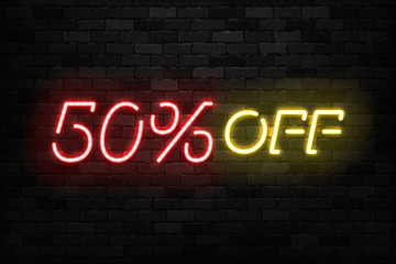 Vector realistic isolated neon sign of Neon Sale Discount 50 Percent logo for template decoration on the wall background. Concept of Black Friday and winter holidays.