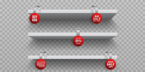 Shop shelves with wobblers. White 3D empty wall shelf with realistic round promotional wobblers. Vector isolated announcement promotion sale wobbler on transparent background - obrazy, fototapety, plakaty