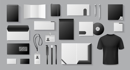 Realistic black mockup. Corporate brand business card letter stationery blank 3D documents brochures. Vector mock up office blank branded badge set