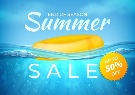 Realistic summer sale poster. End of season sea underwater design banner with water waves. Vector label pool colored objects on blue sky background with white clouds