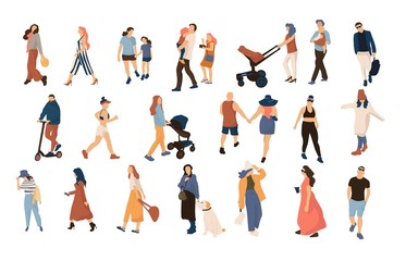 Fototapeta na wymiar Trendy people crowd. Modern cartoon persons and couples walking in crowd, summer outdoor collection. Vector illustration many character city flat men and women walk