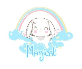 Hand Drawn Cute Rabbit and rainbow, sketch vector illustration, children print on t-shirt, Magical text