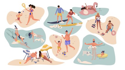 People beach activities. Cartoon characters on summer vacation, surfing swimming sunbathing outdoor scenes. Vector isolated flat illustration activity male, female with kids on water recreation