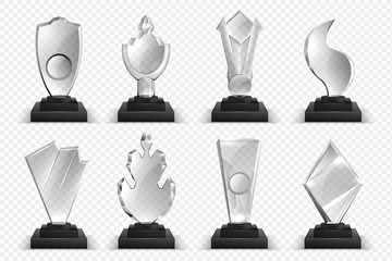 Transparent trophies. Realistic glass crystal awards, winner prizes stars and cups, 3D championship award collection. Vector illustration isolated set blank acrylic board on black base