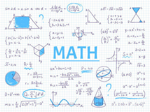 Doodle math. Algebra and geometry school equation and graphs, hand drawn physics science formulas. Vector image formulas education sketch for student homework