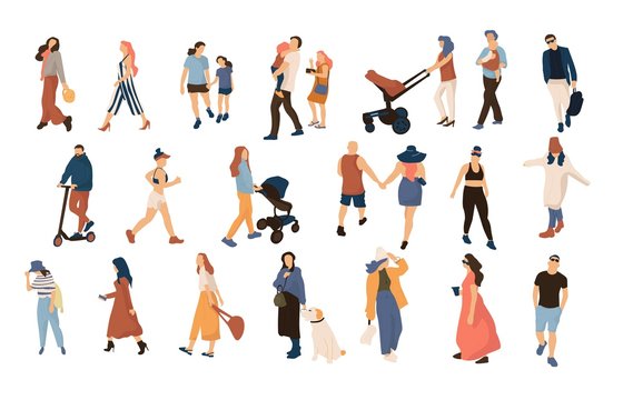 Trendy people crowd. Modern cartoon persons and couples walking in crowd, summer outdoor collection. Vector illustration many character city flat men and women walk