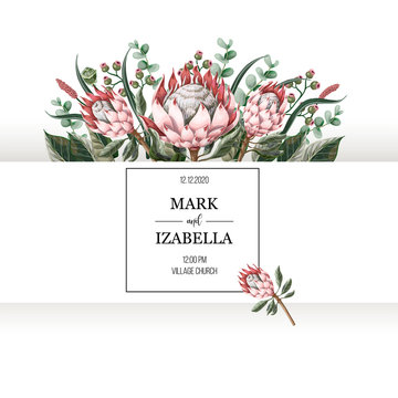 Wedding invitation with leaves, protea flowers, succulent and golden elements in watercolor style.