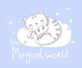 Cat is sleeping on the cloud vector illustration. The Magical world.