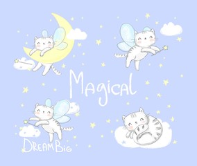 Cute Cat with wings. Magic Set Vector Illustration. Children's print and poster.