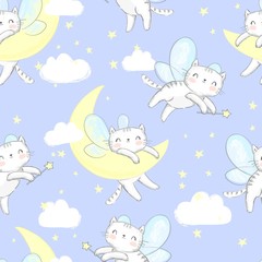 cat with wings is sleeping on a cloud background pattern seamless, vector illustration textile design.