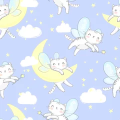 Printed roller blinds Sleeping animals cat with wings is sleeping on a cloud background pattern seamless, vector illustration textile design.